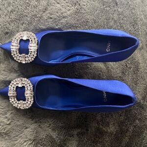 Mango Royal Blue Satin Heels with Crystal Buckle